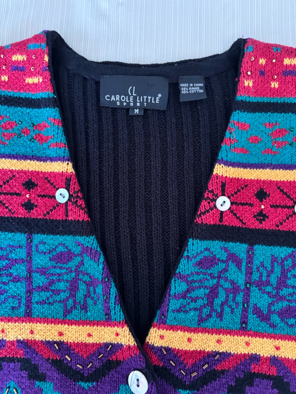 Carole Little Vintage 90s Knit Beaded Fringe Sweater Vest Geometric M - Picture 5 of 7